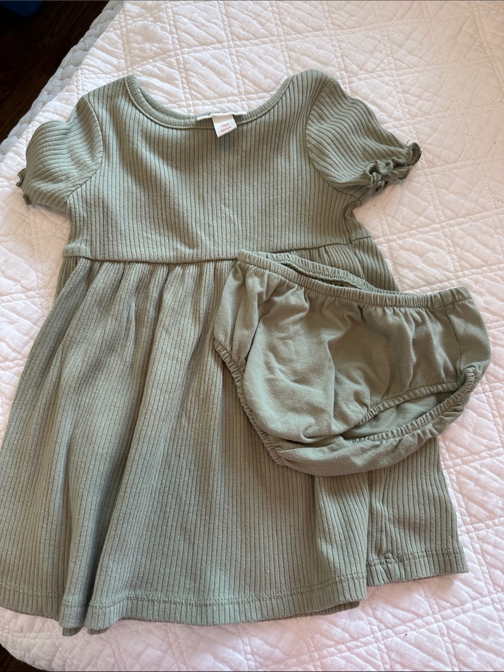 Girls Sage Green Ribbed Dress with Bloomers